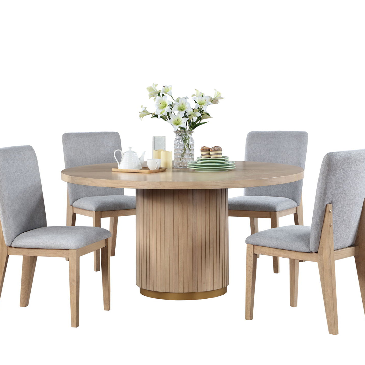 Caspian - 5 Piece Round Dining Table Set With Chairs - Oak
