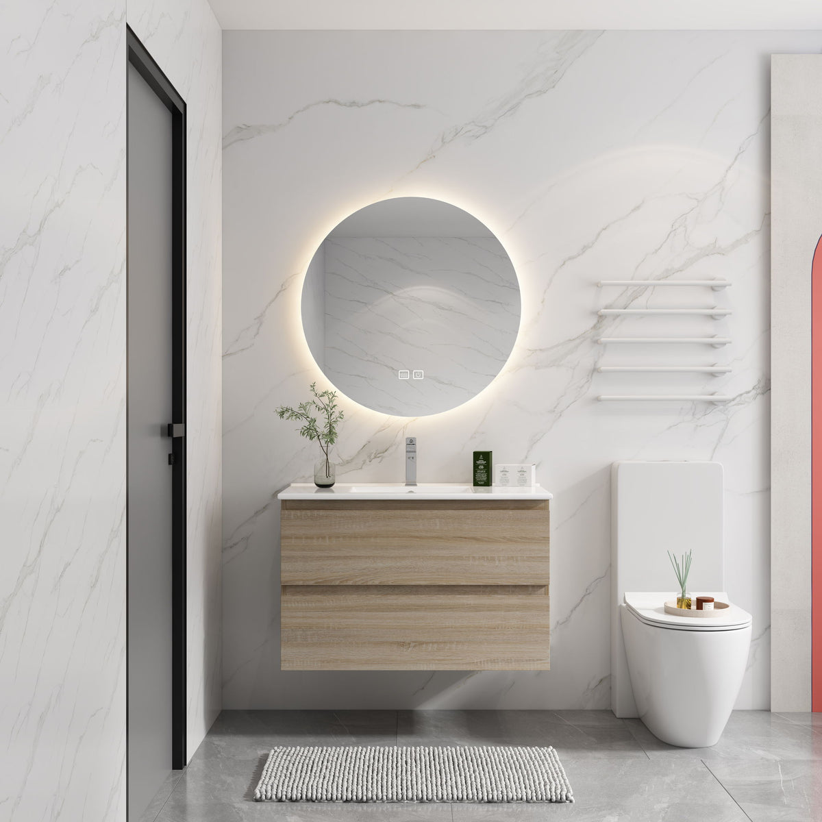 Wall mounted bathroom vanity with white sink and two soft-close drawers, light wood front