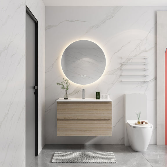 Wall mounted bathroom vanity with white sink and two soft-close drawers, light wood front