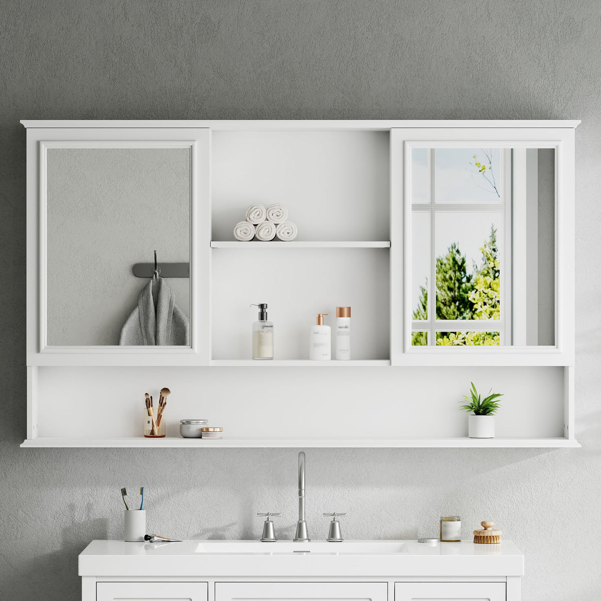 Wall Mounted Bathroom Medicine Cabinet With Double Mirrored Doors
