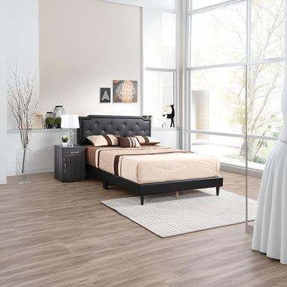 Black faux leather button-tufted bed with low platform frame and headboard