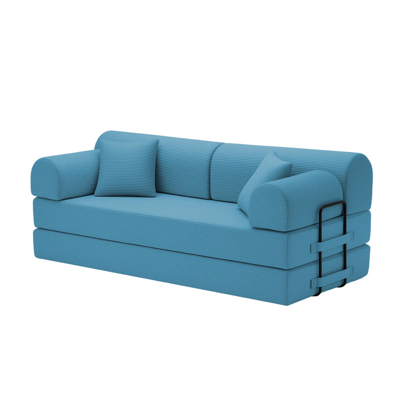 Light blue convertible sleeper sofa bed with rounded arms and backrest cushions