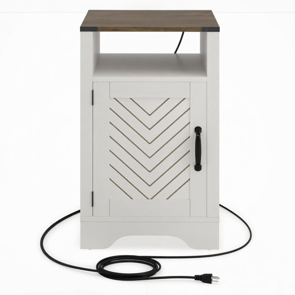 White nightstand with wood top, chevron door, and black cord charging outlet detail