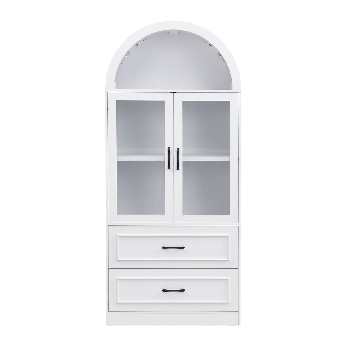 White arched-top storage cabinet with two drawers and fixed 2-tier shelves