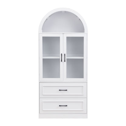 White arched-top storage cabinet with two fixed shelves behind double doors and two drawers