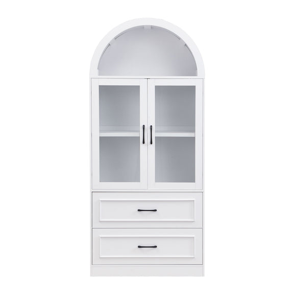 White arched-top storage cabinet with two fixed shelves behind double doors and two drawers