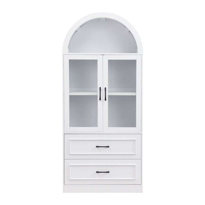 White arched-top storage cabinet with two fixed shelves behind double doors and two drawers
