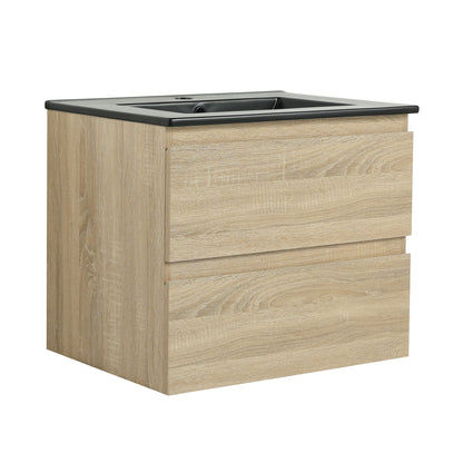 Wall-mounted bathroom vanity with sink and two soft-close drawers, light wood cabinet