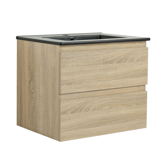 Wall-mounted bathroom vanity with sink and two soft-close drawers, light wood cabinet