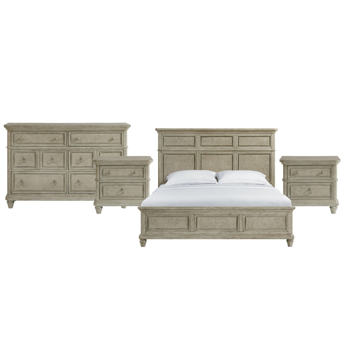 Whit-Ash panel bedroom set: light gray bed with two nightstands and two dresser cabinets