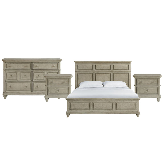 Whit-Ash panel bedroom set: light gray bed with two nightstands and two dresser cabinets