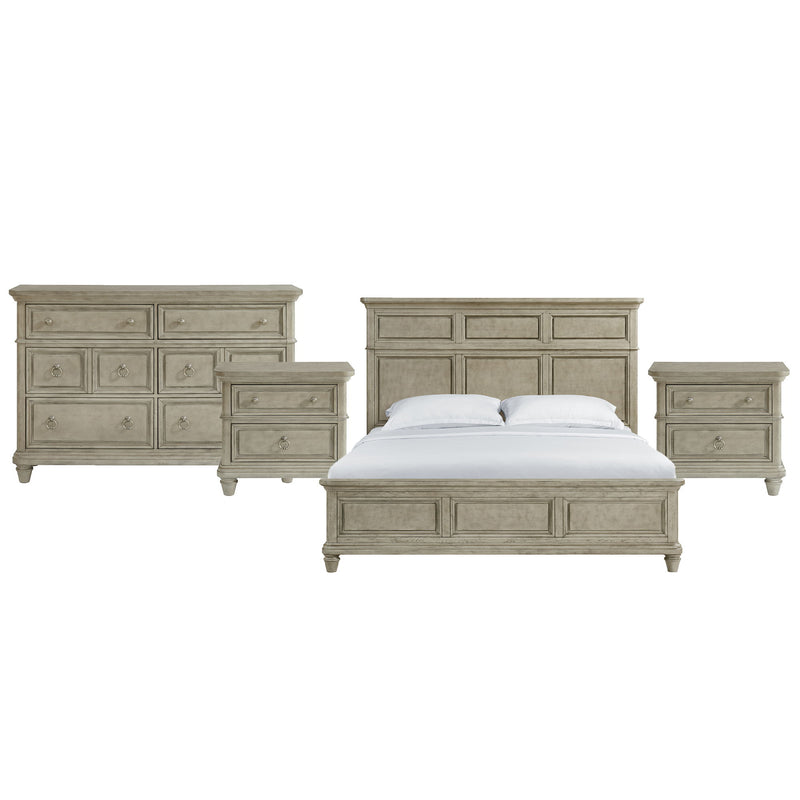 Whit-Ash panel bedroom set: light gray bed with two nightstands and two dresser cabinets