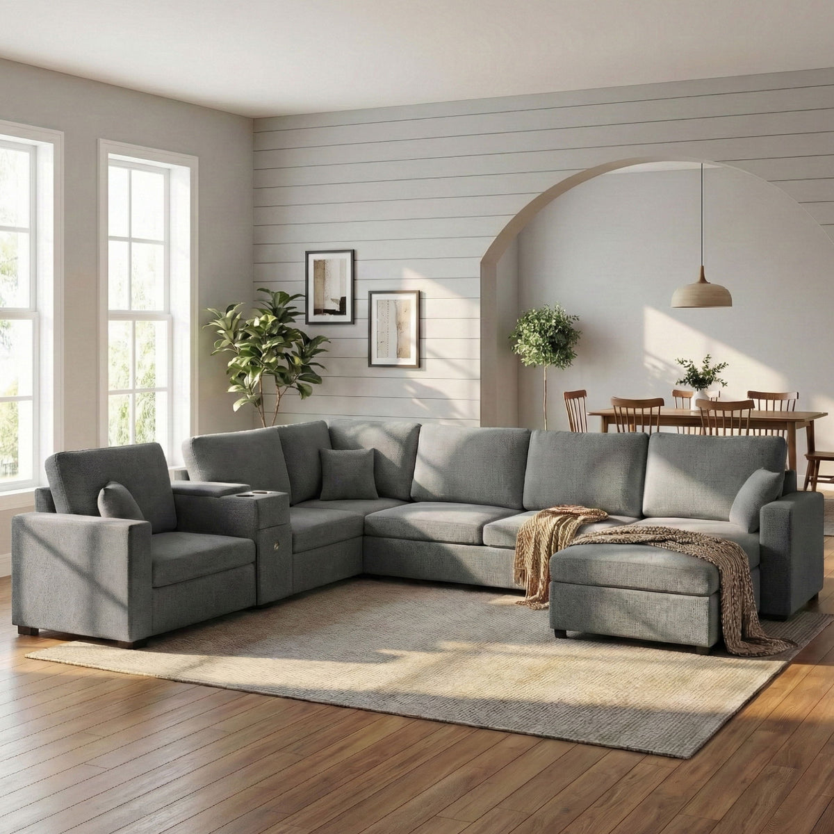 Modular 5 Seat U-Shape Sectional Sofa With Chaise Lounge, Built In Cup Holders And Storage Drawer