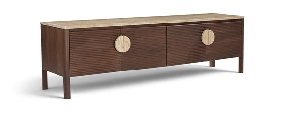 Varenna 69-inch media console in dark brown acacia wood with speckled marble top, 3 drawers