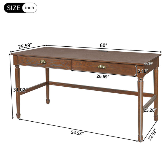 Dark brown writing desk size diagram with labeled dimensions in inches
