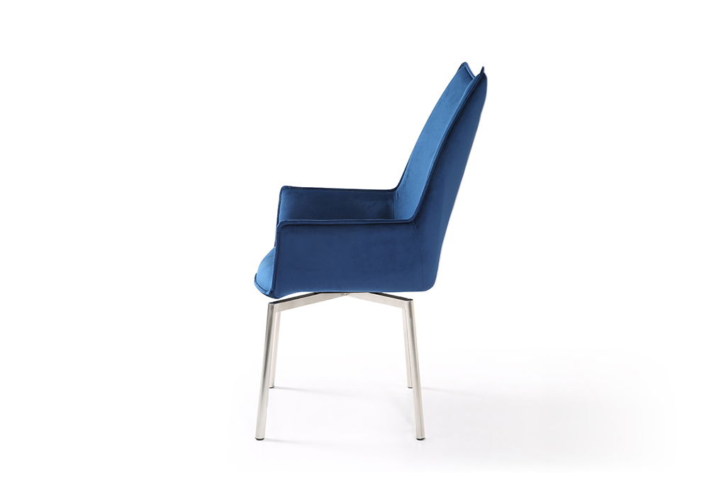 Blue swivel dining chair with upholstered seat, tall curved back, and silver metal legs