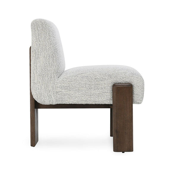 Upholstered dining chair with pixel ivory upholstery and dark wood arm and legs