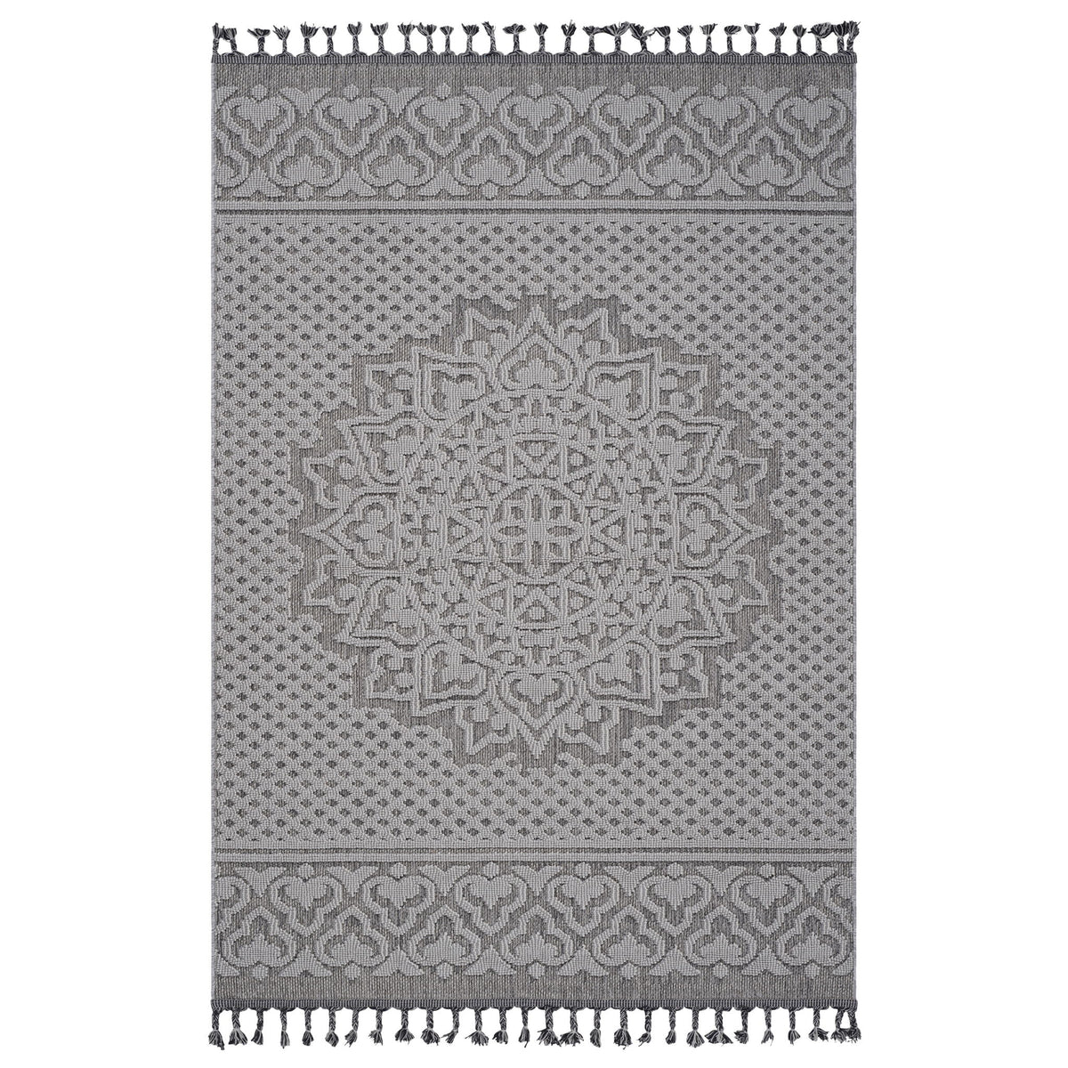Gray and white medallion area rug with geometric border and short fringe tassels