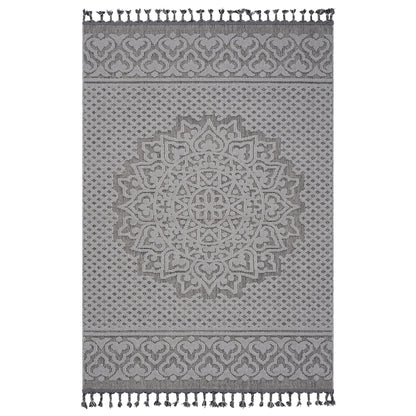 Medallion indoor/outdoor area rug with dark gray geometric border and central medallion pattern