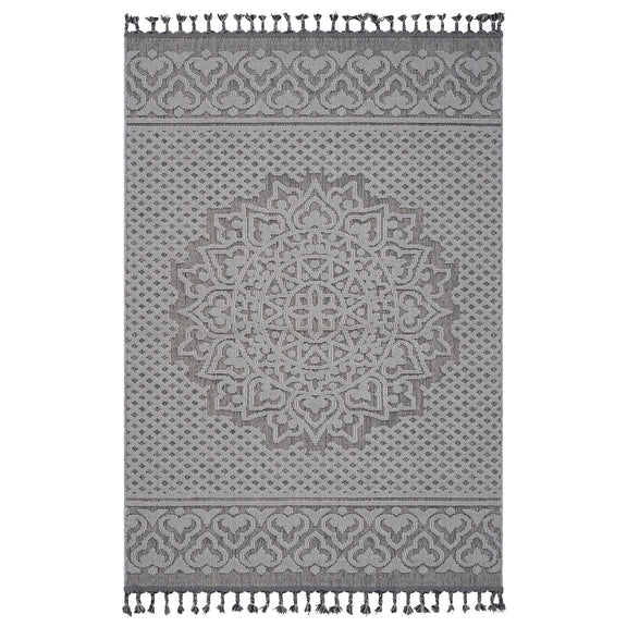 Medallion indoor/outdoor area rug with dark gray geometric border and central medallion pattern