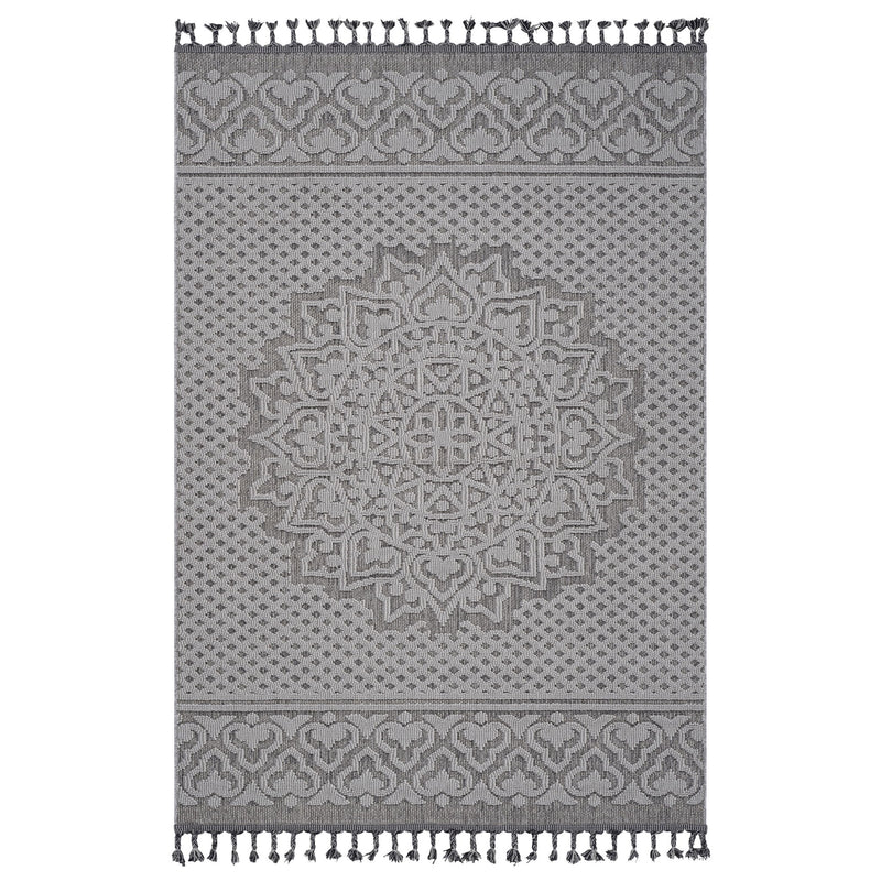 Medallion indoor/outdoor area rug with dark gray geometric border and central medallion pattern