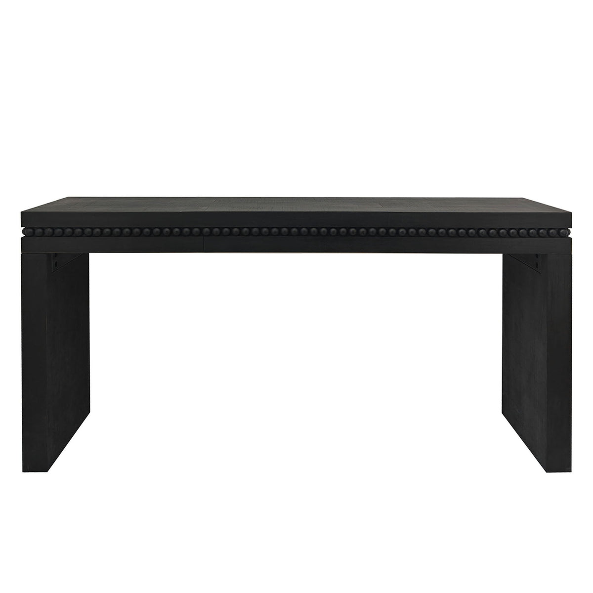 Rectangular black wood console table with beaded trim and inset legs