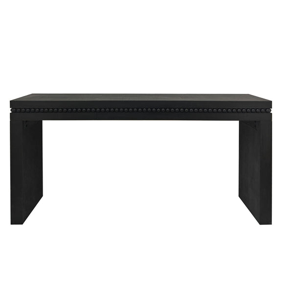 Rectangular black wood console table with beaded trim and inset legs