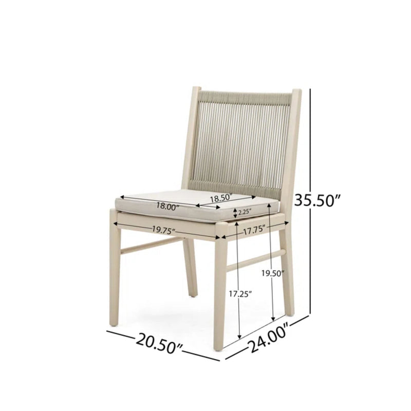Dining chair with acacia frame, beige cushion, vertical striped backrest and size measurements