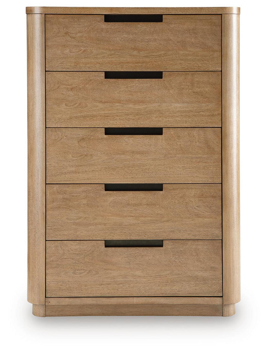Light brown five-drawer chest with black bar handles, centered front view