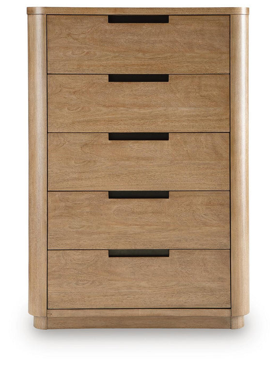 Light brown five-drawer chest with black bar handles, centered front view