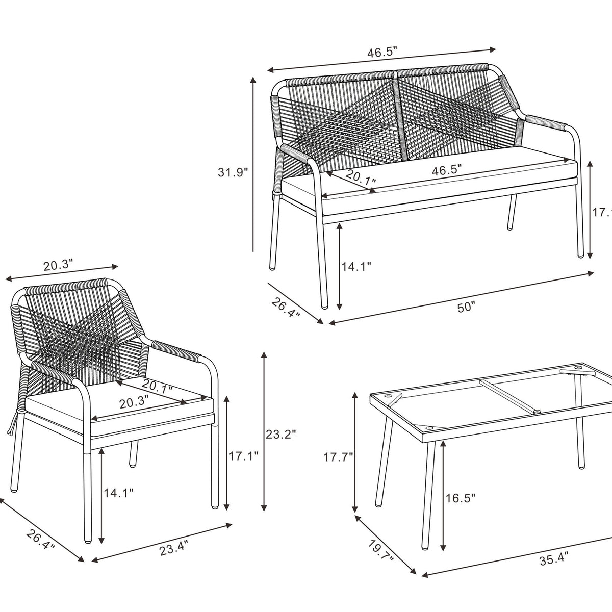 Dimension diagram for 4-piece conversation set: sofa, chairs, and table