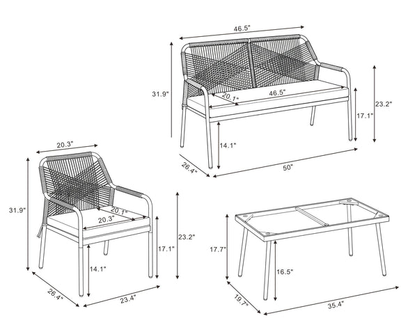 Dimension diagram for 4-piece conversation set: sofa, chairs, and table