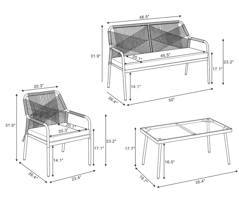 Dimension diagram for 4-piece conversation set: sofa, chairs, and table