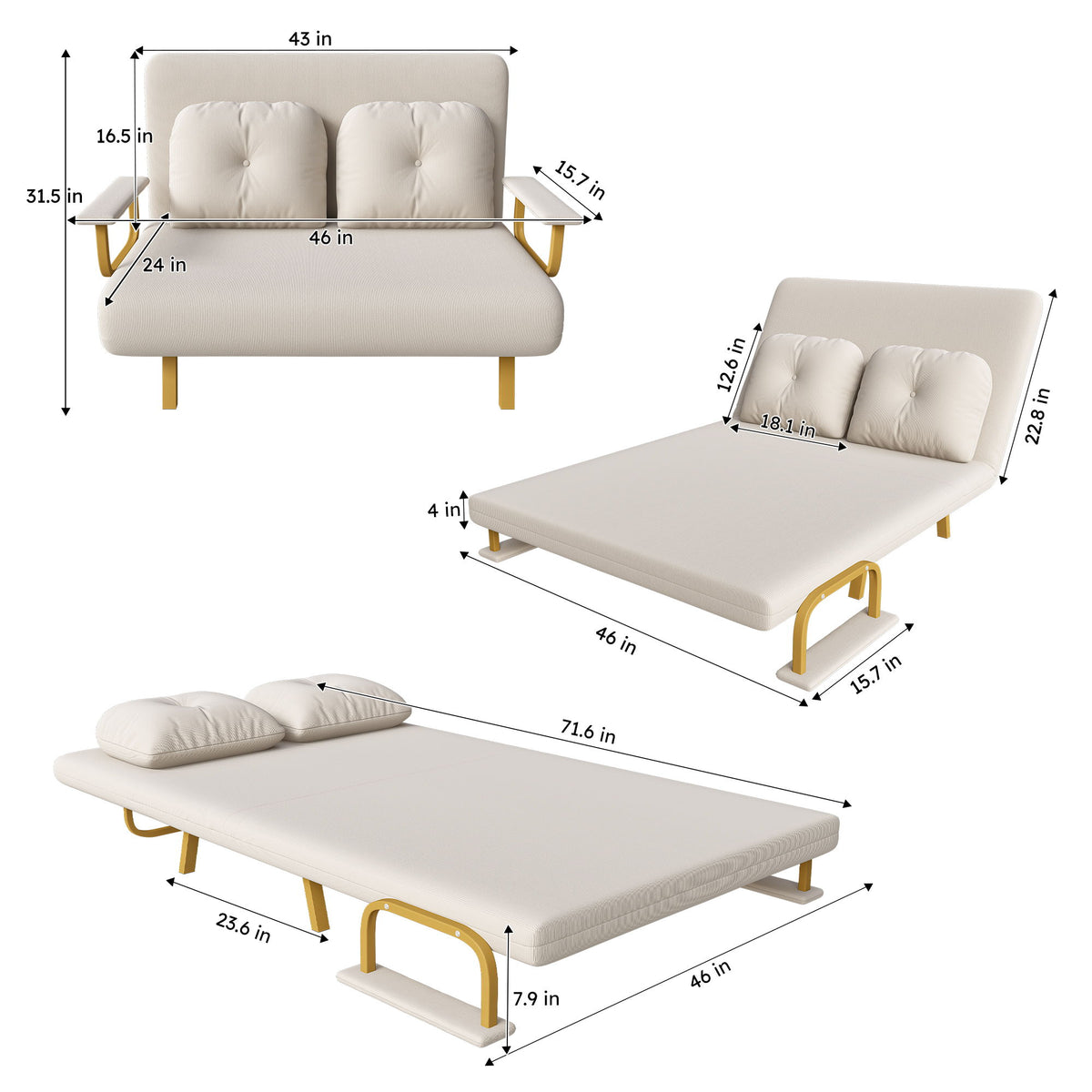 Convertible sofa bed size chart, white fabric sofa and bed dimensions shown.