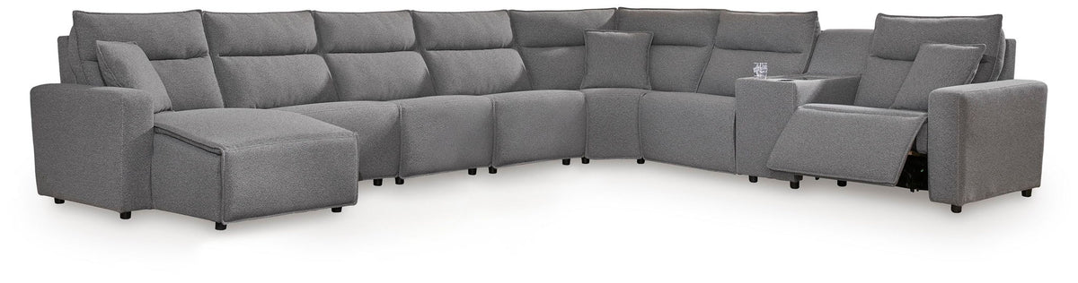Salt-and-pepper gray fabric modular sectional with multiple seats and chaise sections, low legs
