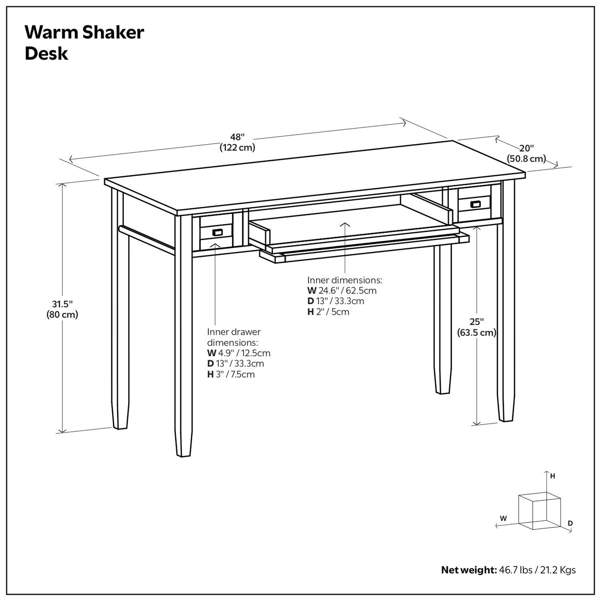 Shaker-style desk with open shelf and labeled dimensions diagram