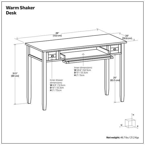 Shaker-style desk with open shelf and labeled dimensions diagram