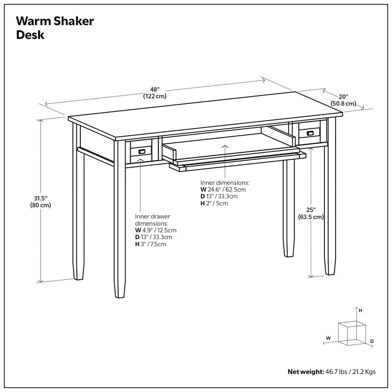 Shaker-style desk with open shelf and labeled dimensions diagram
