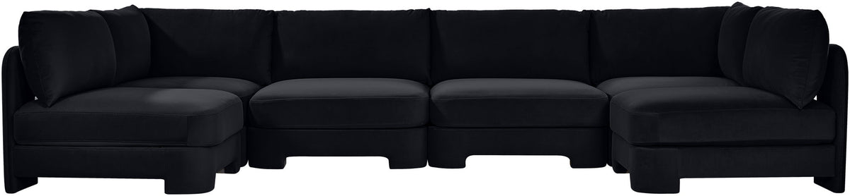 Black velvet armless U-shaped sectional sofa with layered seat sections