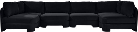 Black velvet armless U-shaped sectional sofa with layered seat sections