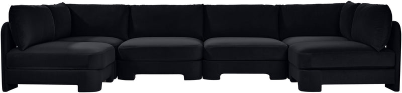 Black velvet armless U-shaped sectional sofa with layered seat sections