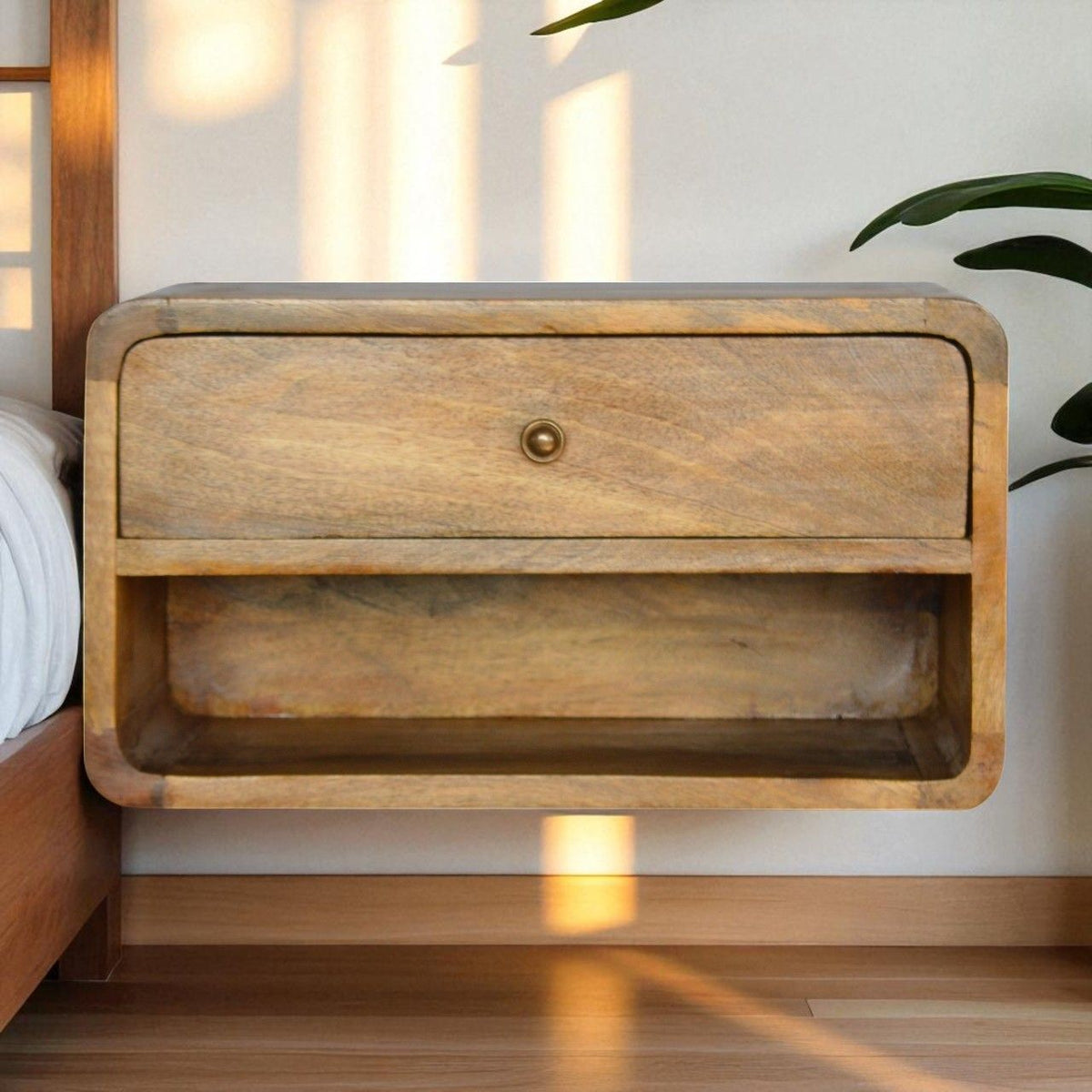 Distressed light brown floating nightstand with front drawer and open lower slot