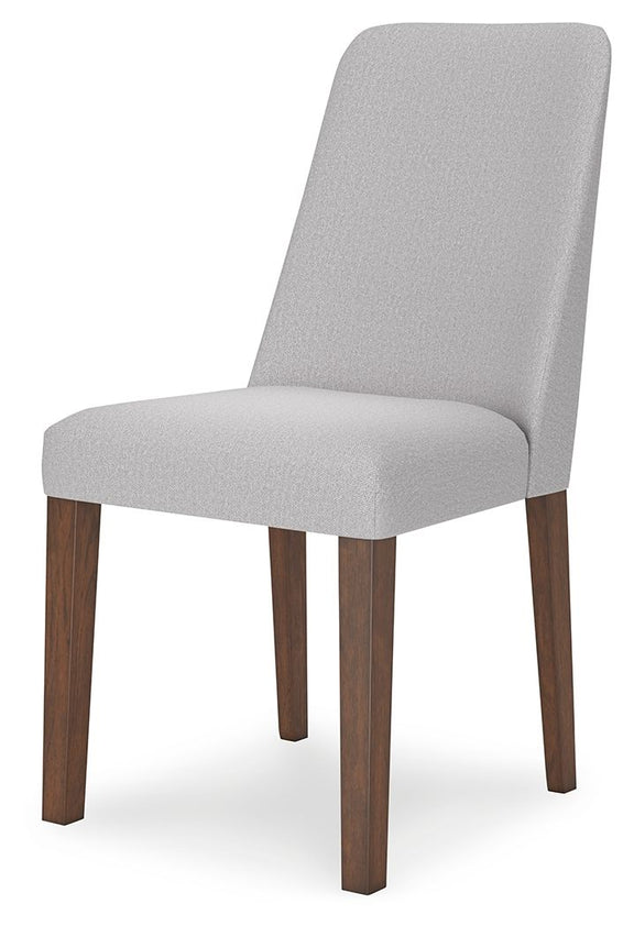 Light gray upholstered dining side chair with tall back and wooden legs