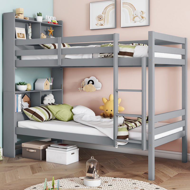 Twin Over Twin Bunk Bed with Shelves, Rubber Wood Bed with Shelves Headboard, Safety Guardrails and Ladder, Convertible to 2 Beds, Grey