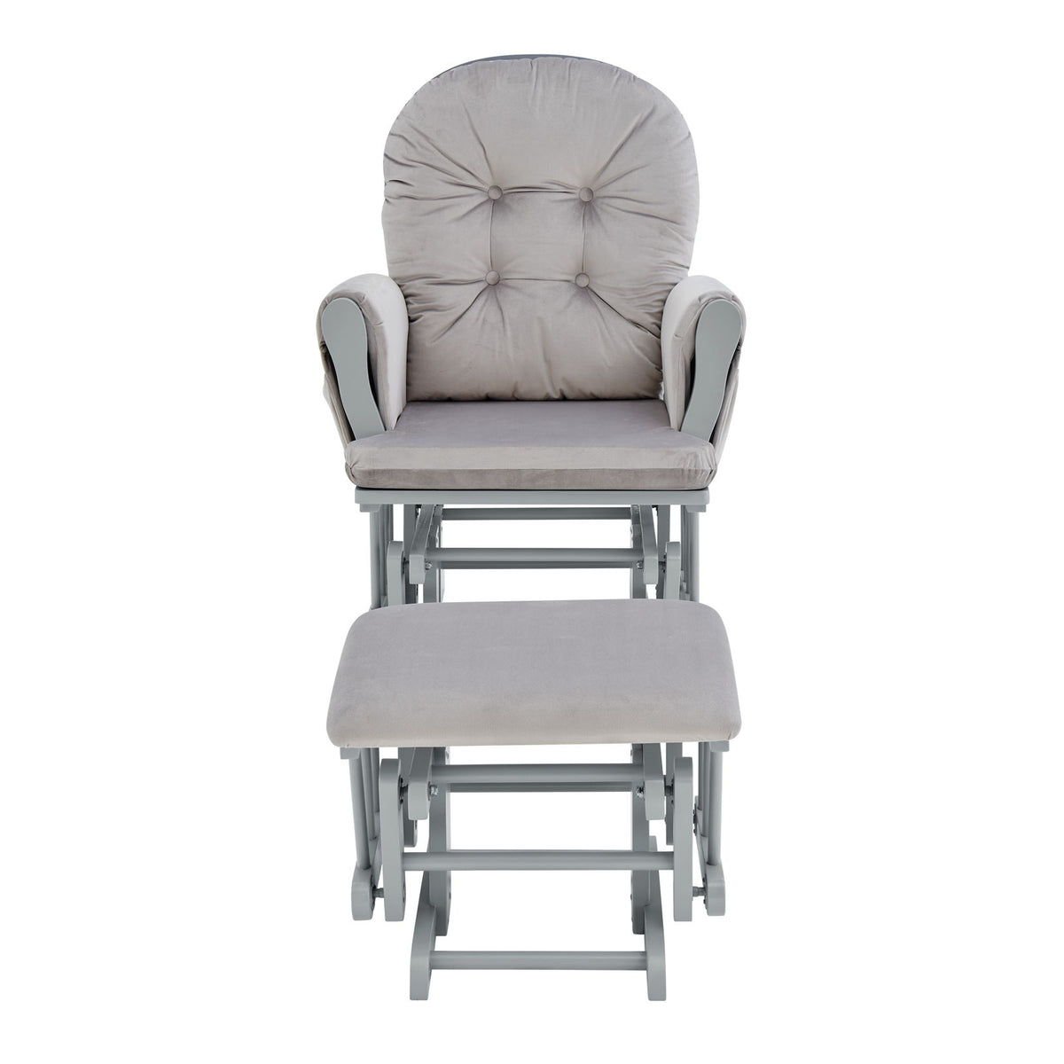 Light gray glider chair with matching ottoman, tufted seat and rounded back.