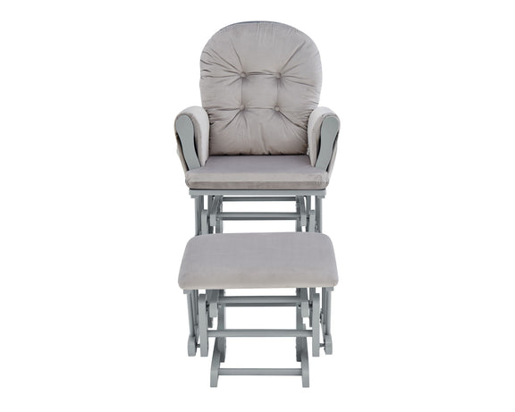 Light gray glider chair with matching ottoman, tufted seat and rounded back.