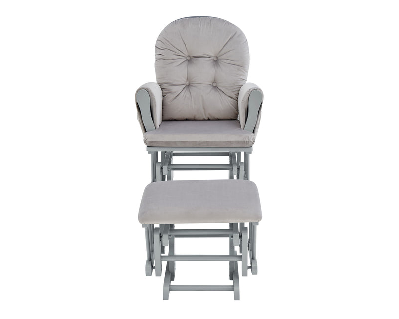 Light gray glider chair with matching ottoman, tufted seat and rounded back.