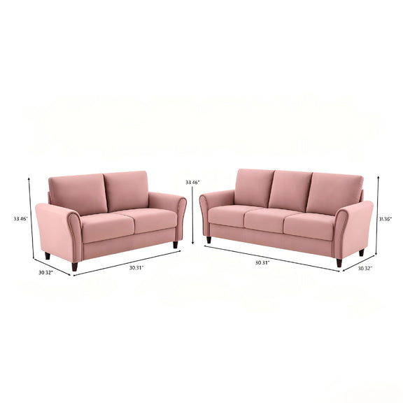 Pink 2-piece sofa set with loveseat and sofa, straight back cushions, short legs