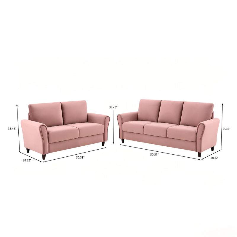 Pink 2-piece sofa set with loveseat and sofa, straight back cushions, short legs