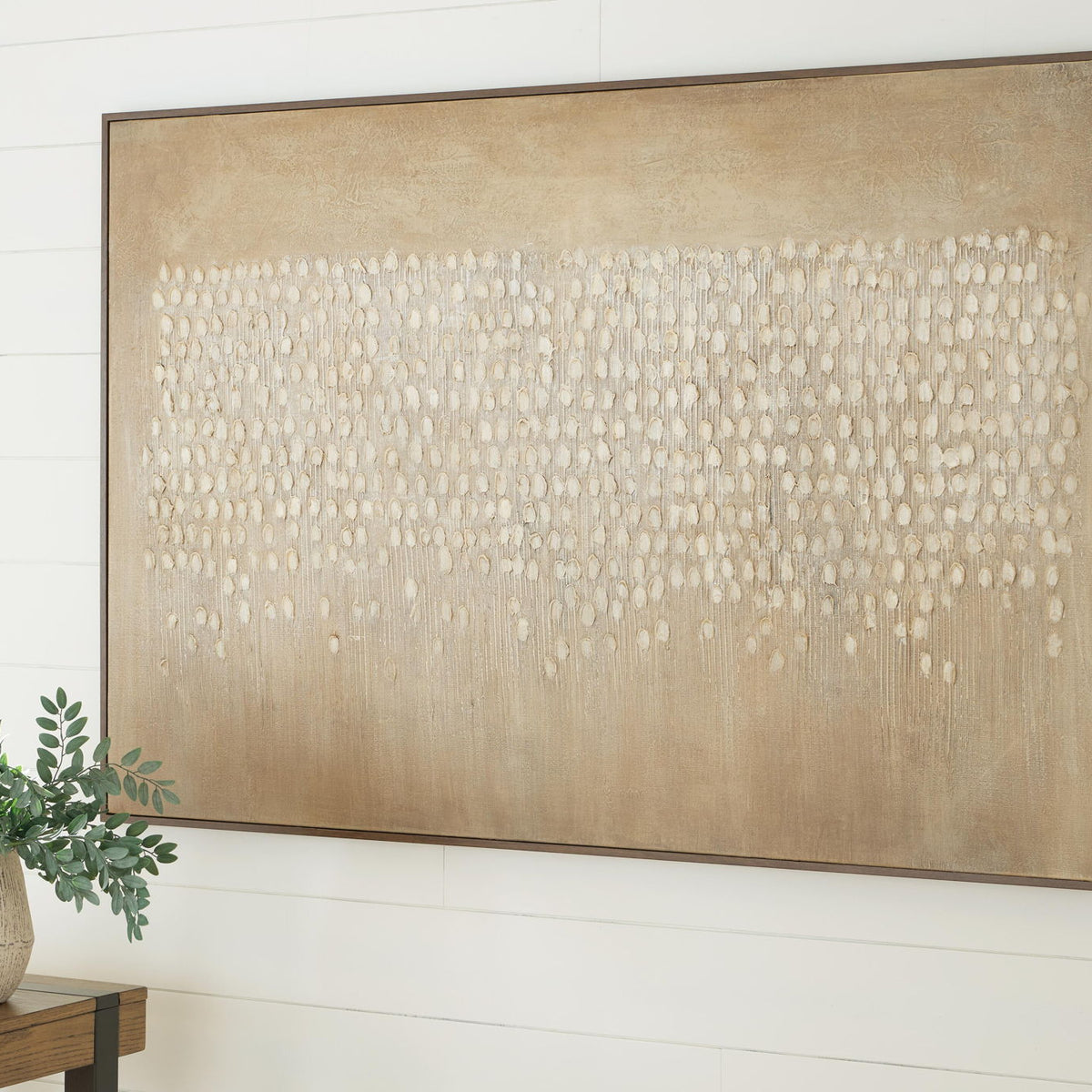 Framed beige and brown abstract wall art with textured dot grid, wall-mounted